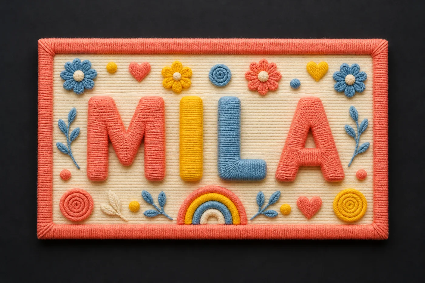 MILA children’s dimensional yarn name art commission concept